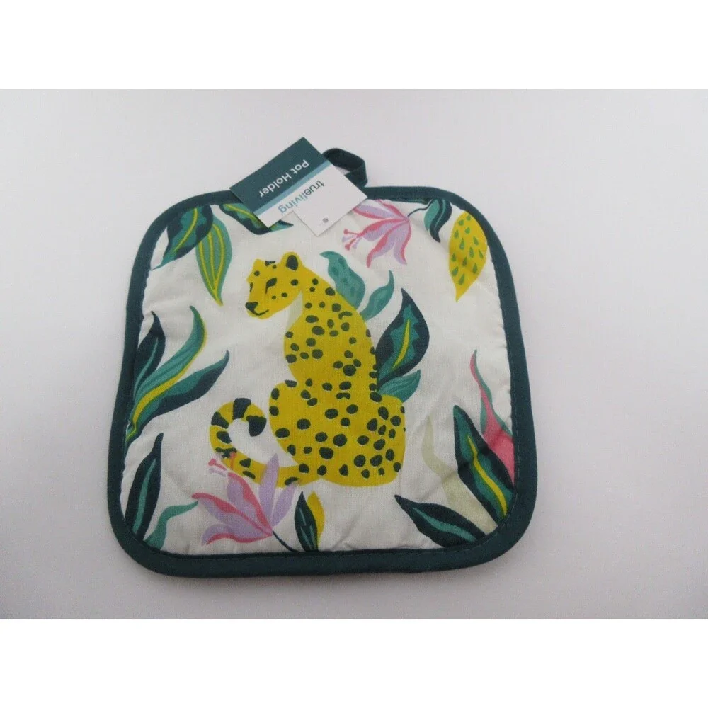 Tropical Kitchen Towels 2Pot Holder 3Pc Set Teal Yellow Jungle Big Cat NWT